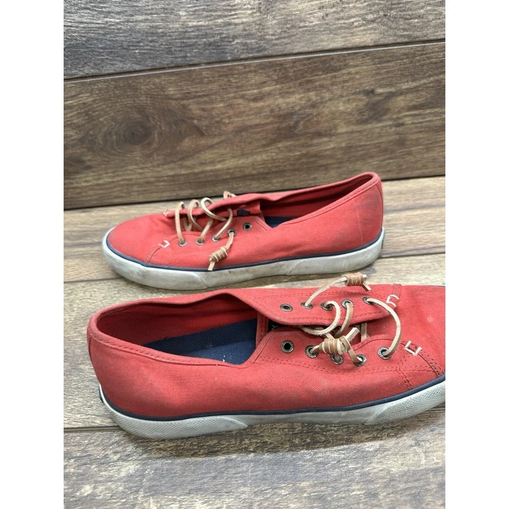Womens Sperry Top-Sider Classic‎ Red Canvas Leather Laces Boat Shoes Flats Sz 10